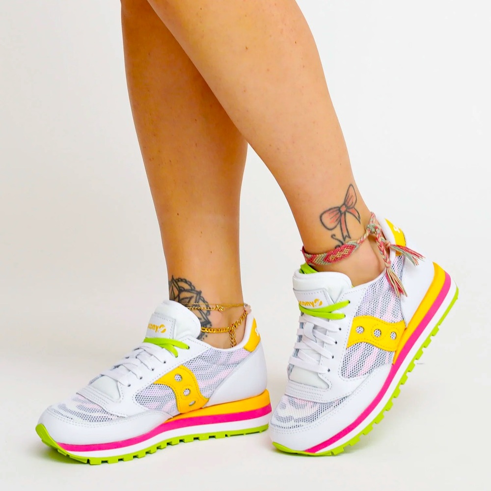 SAUCONY S60645-1 Jazz Triple White Yellow Orange Leather Mesh Low Sneakers sz 10